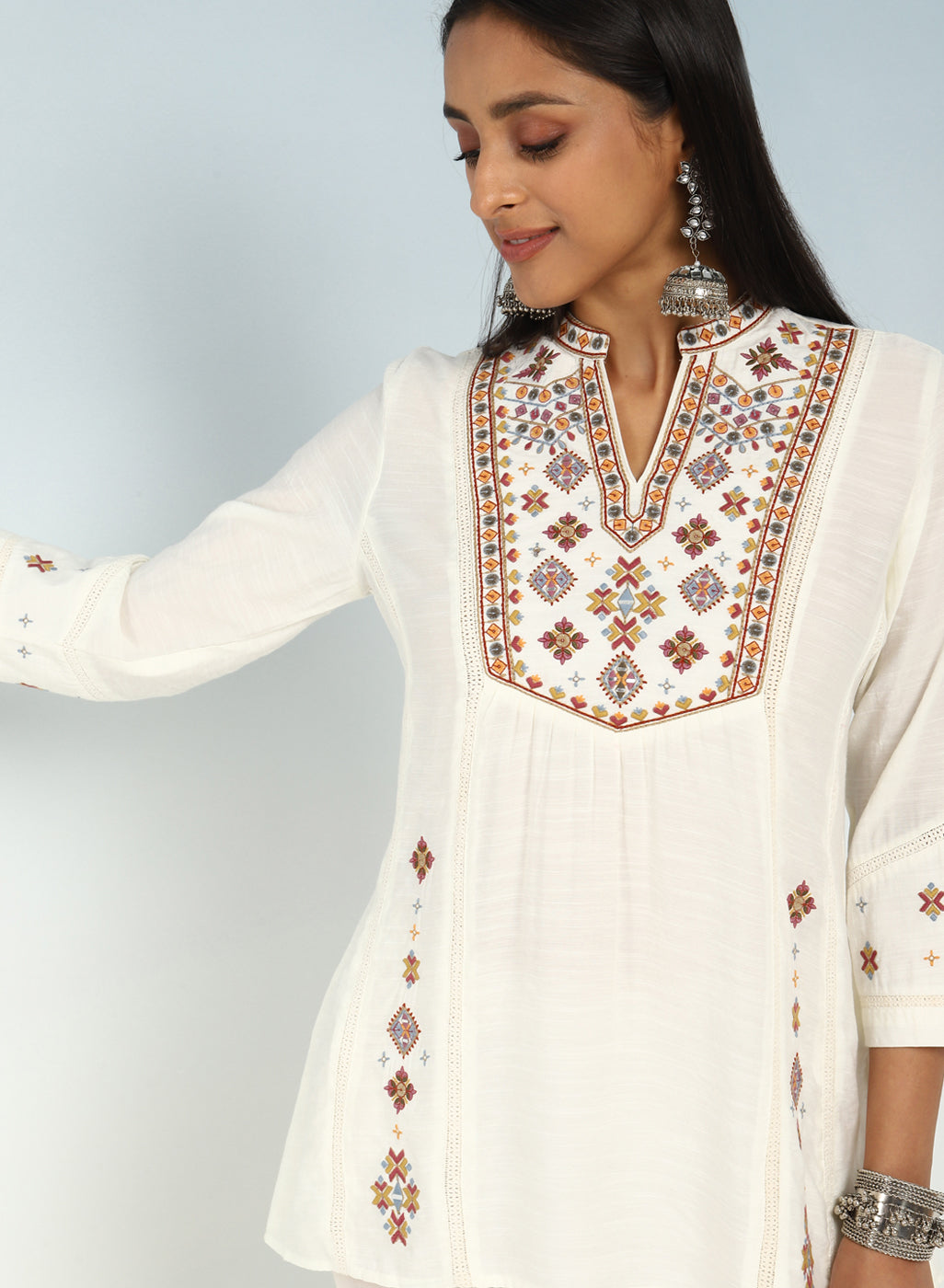 Ivory Tunic with Front Yoke Embroidery Detail