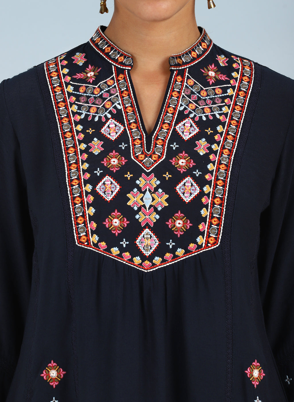 Navy Blue Tunic with Front Yoke Embroidery Detail