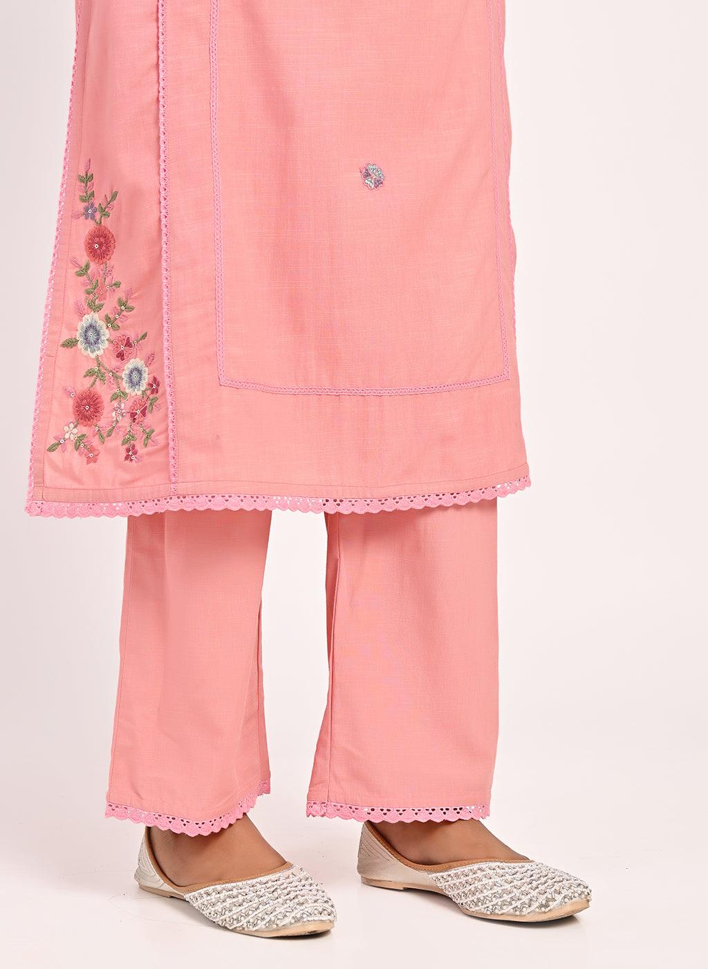 Pink Embroidered Straight-fit Cotton Co-ord Set - Lakshita