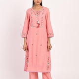 Pink Embroidered Straight-fit Cotton Co-ord Set - Lakshita