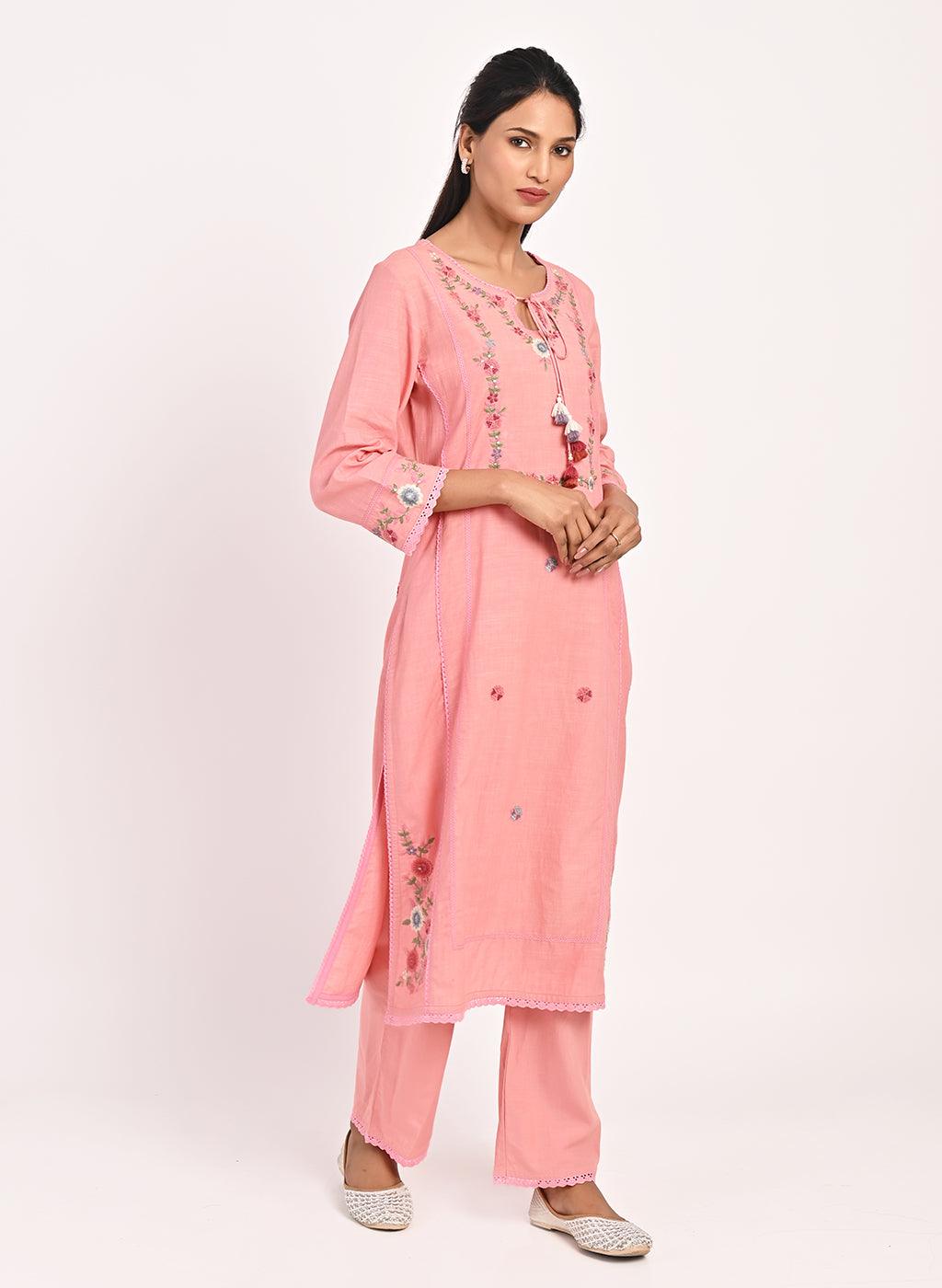 Pink Embroidered Straight-fit Cotton Co-ord Set - Lakshita
