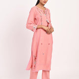 Pink Embroidered Straight-fit Cotton Co-ord Set - Lakshita