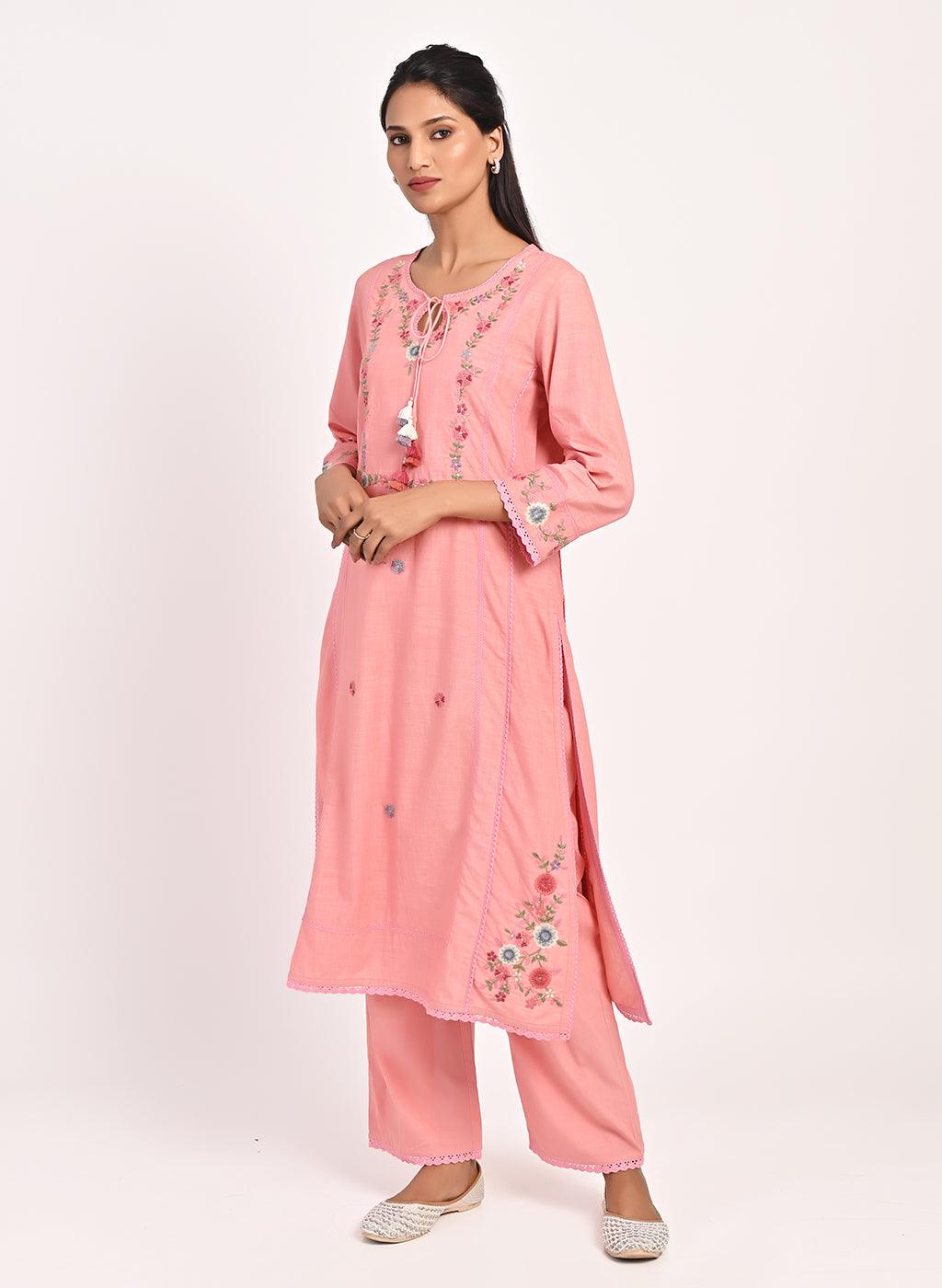 Pink Embroidered Straight-fit Cotton Co-ord Set - Lakshita