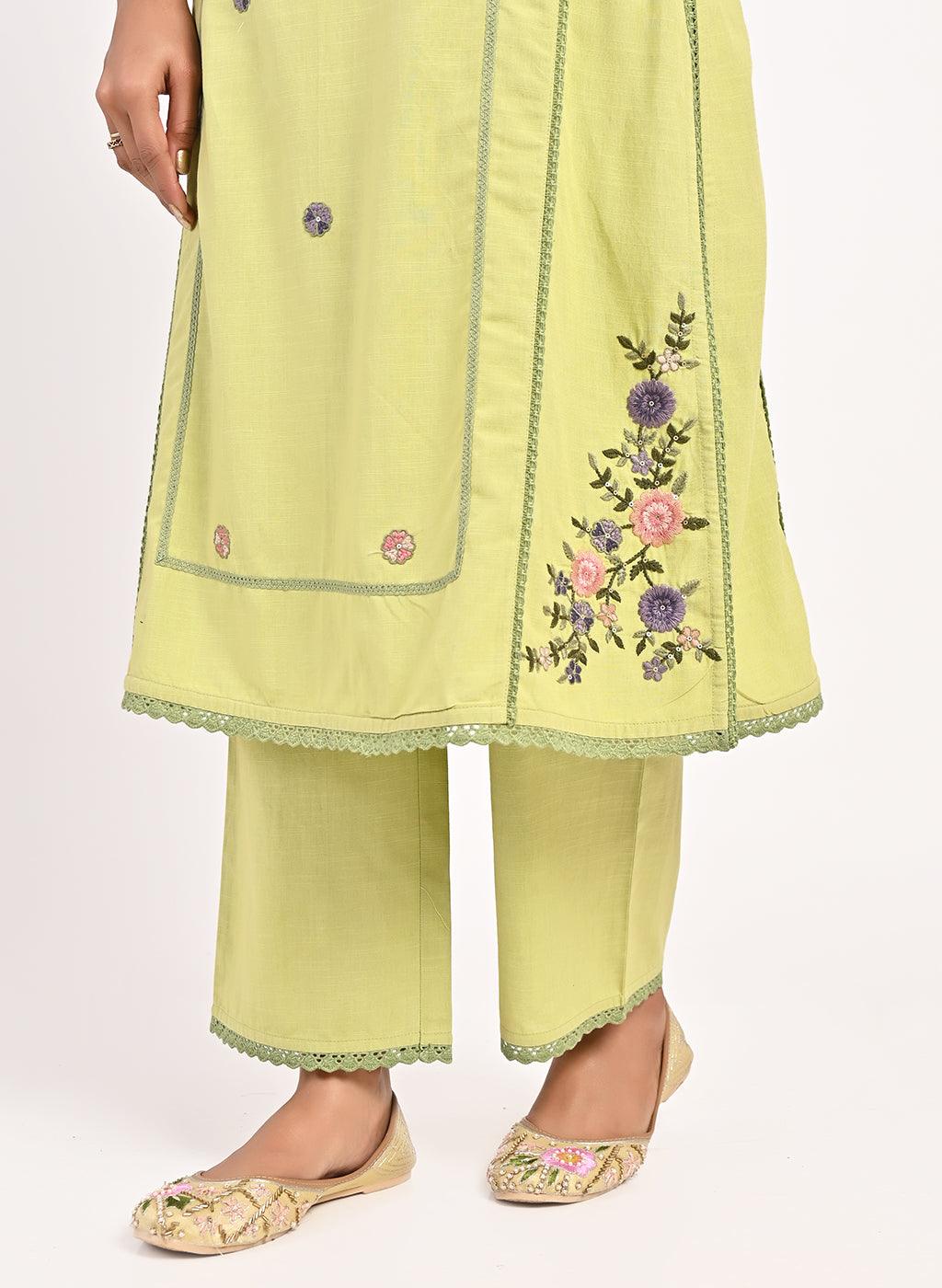 Green Embroidered Straight-fit Cotton Co-ord Set - Lakshita