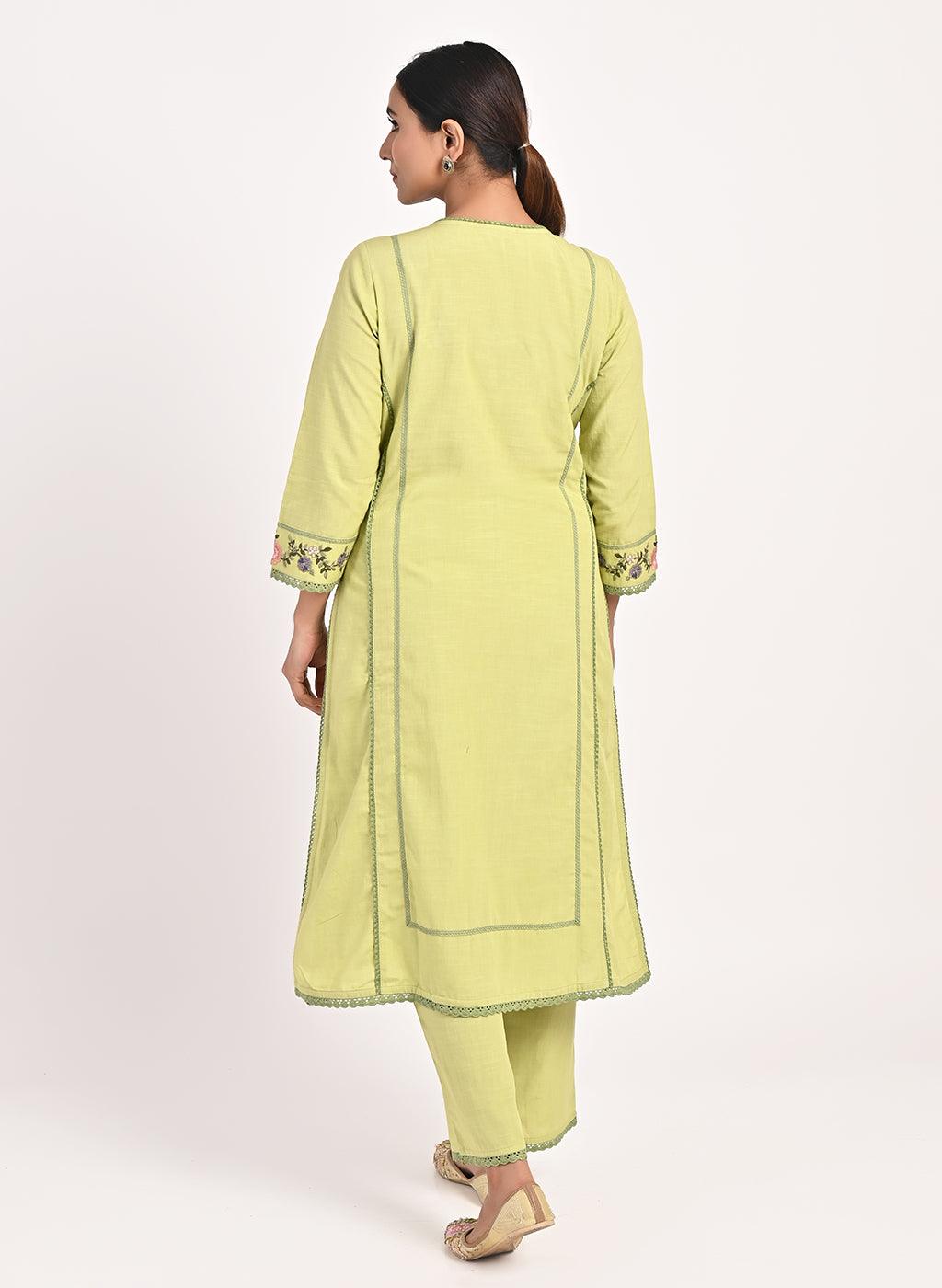 Green Embroidered Straight-fit Cotton Co-ord Set - Lakshita