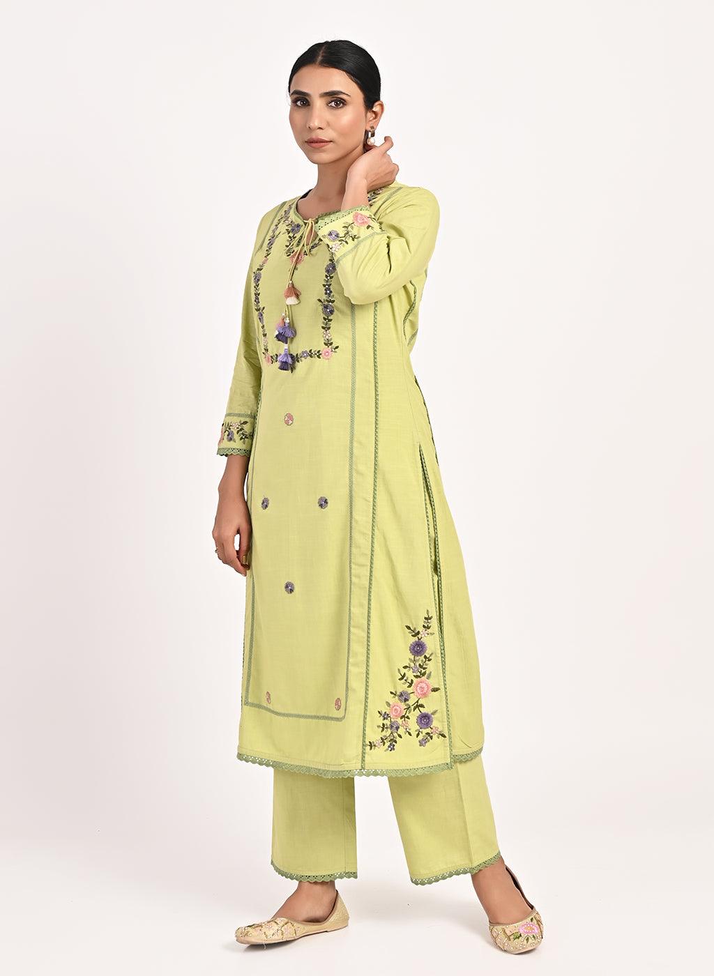 Green Embroidered Straight-fit Cotton Co-ord Set - Lakshita