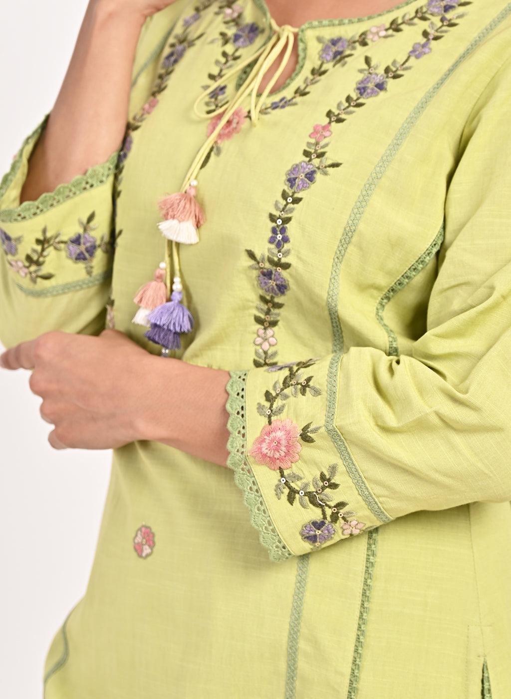 Green Embroidered Straight-fit Cotton Co-ord Set - Lakshita