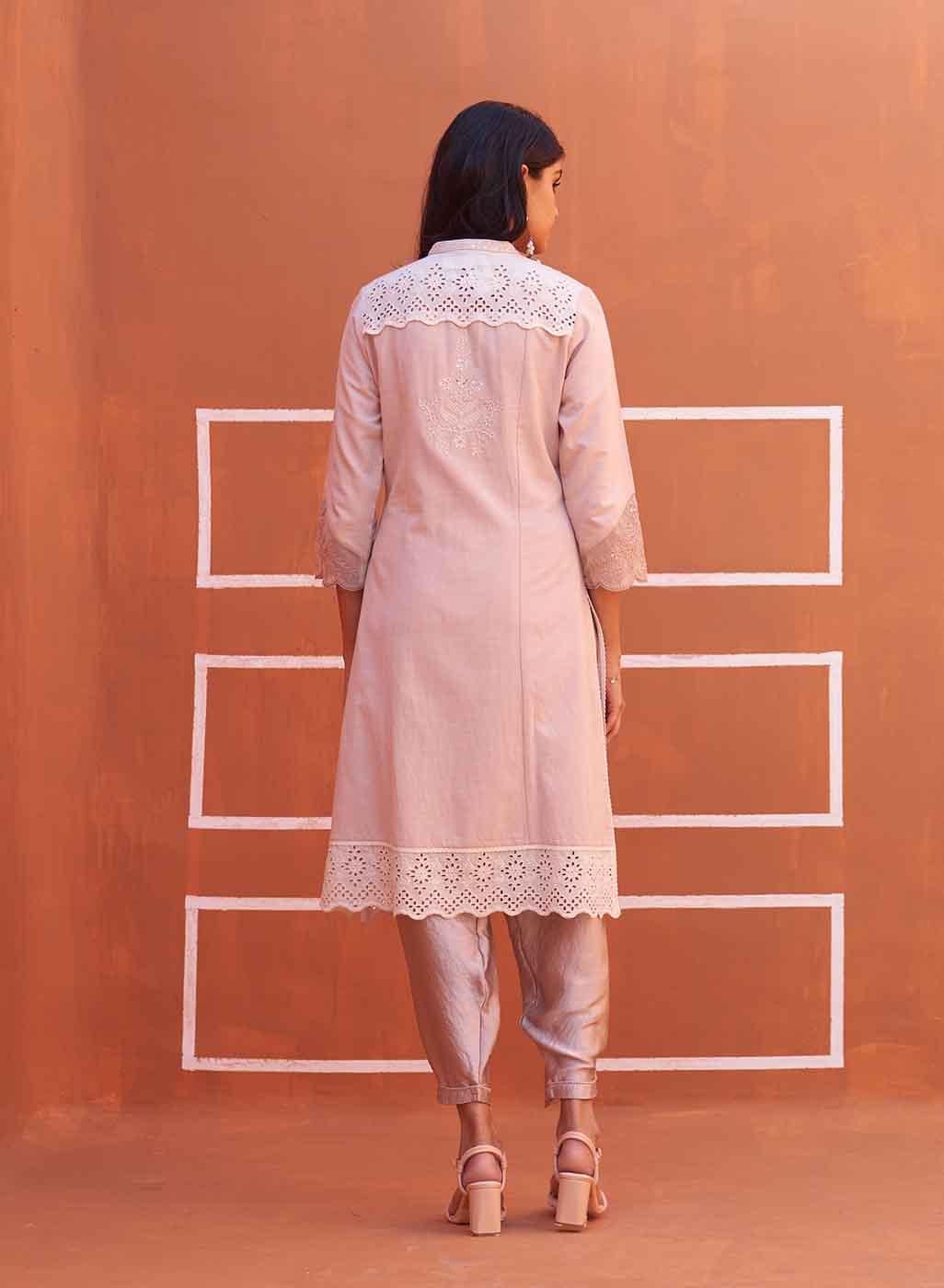 Dori Work Pink Long Kurta - Lakshita