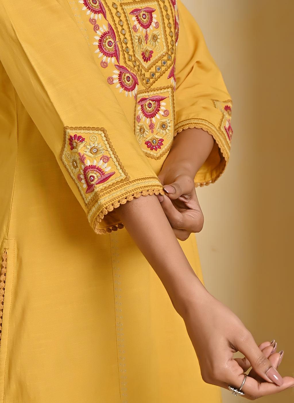 Mustard Cotton Multicolor Embroidered Kurta Set - Lakshita