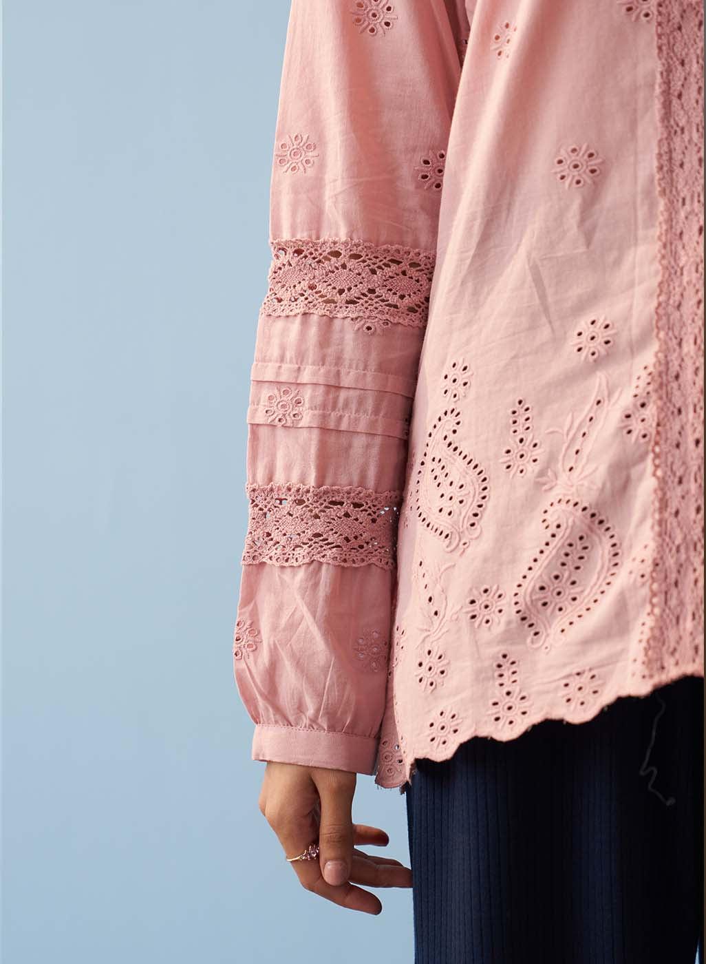 Pink Schiffli Embroidered Top with Lace Insert - Lakshita