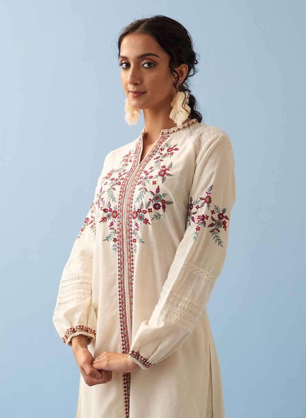 Ivory Embroidered Kurta for Women with Puffed Sleeves - Lakshita