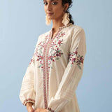 Ivory Embroidered Kurta for Women with Puffed Sleeves - Lakshita