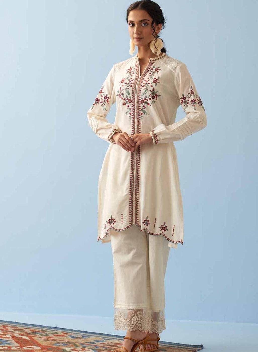 Ivory Embroidered Kurta for Women with Puffed Sleeves - Lakshita