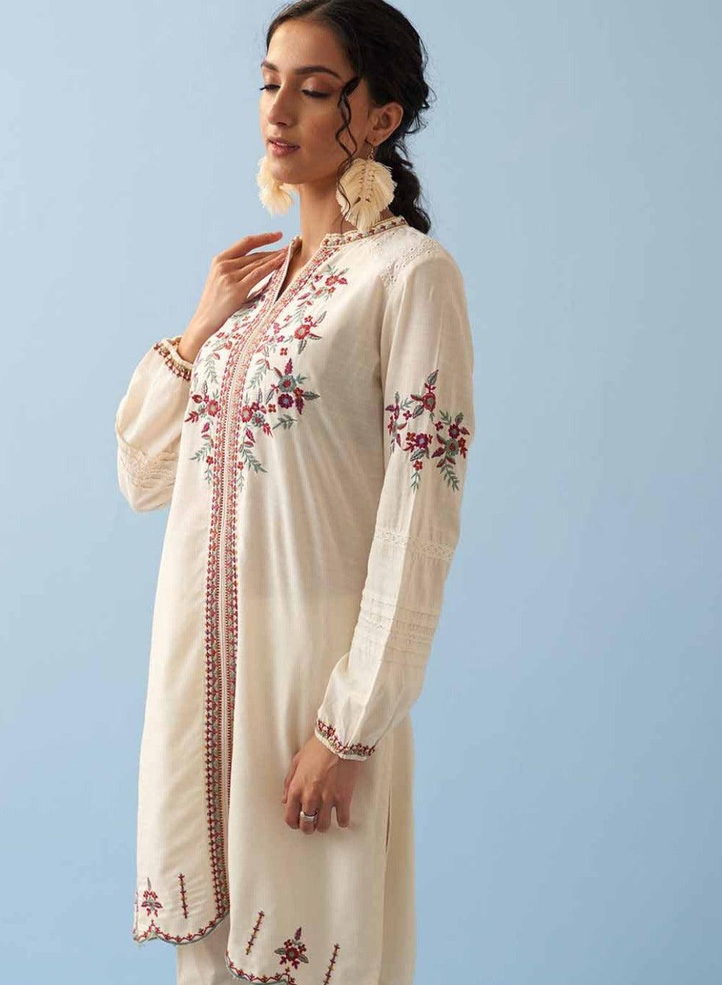 Ivory Embroidered Kurta for Women with Puffed Sleeves - Lakshita