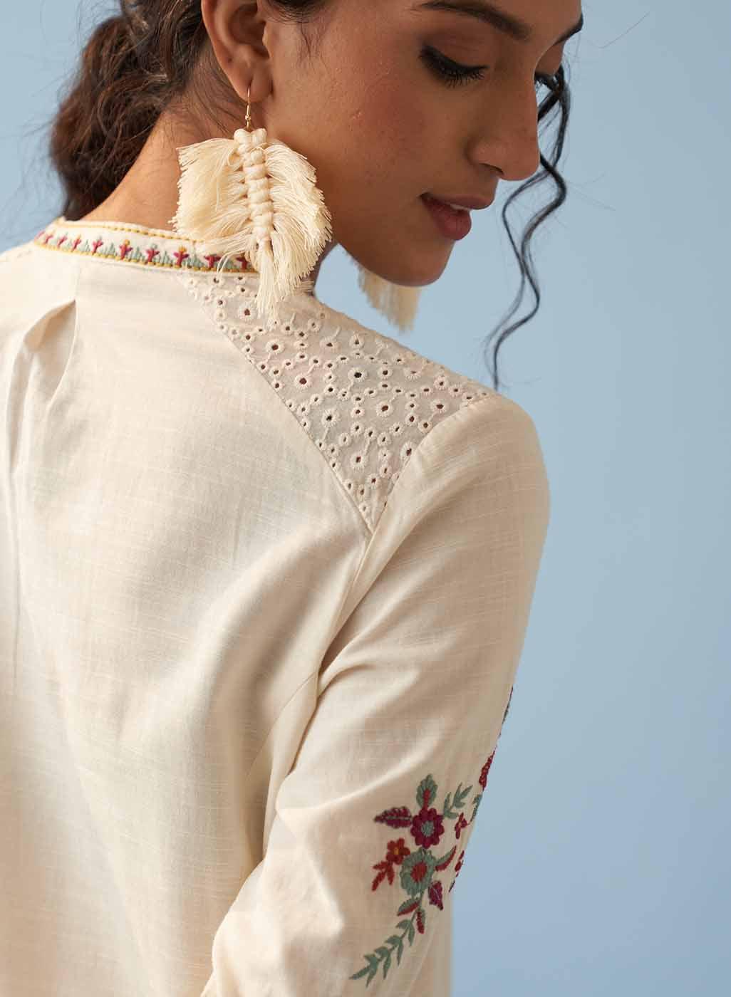 Ivory Embroidered Kurta for Women with Puffed Sleeves - Lakshita