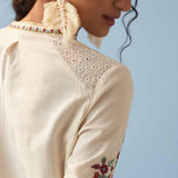 Ivory Embroidered Kurta for Women with Puffed Sleeves - Lakshita