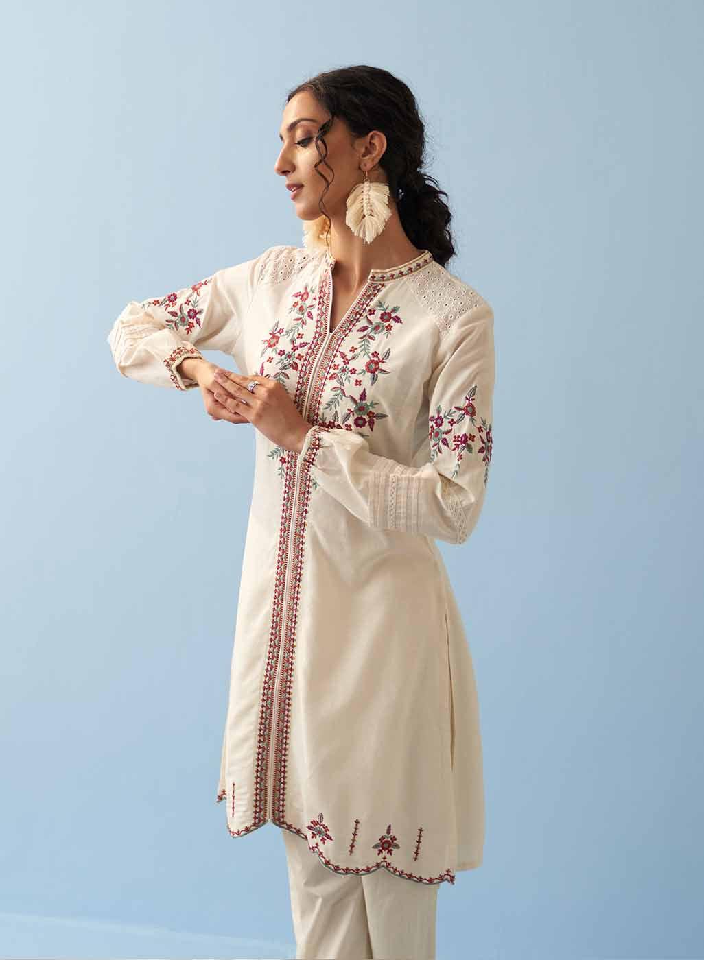 Ivory Embroidered Kurta for Women with Puffed Sleeves - Lakshita