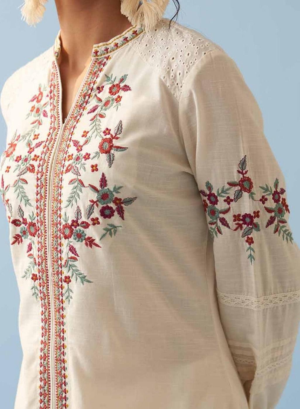 Ivory Embroidered Kurta for Women with Puffed Sleeves - Lakshita