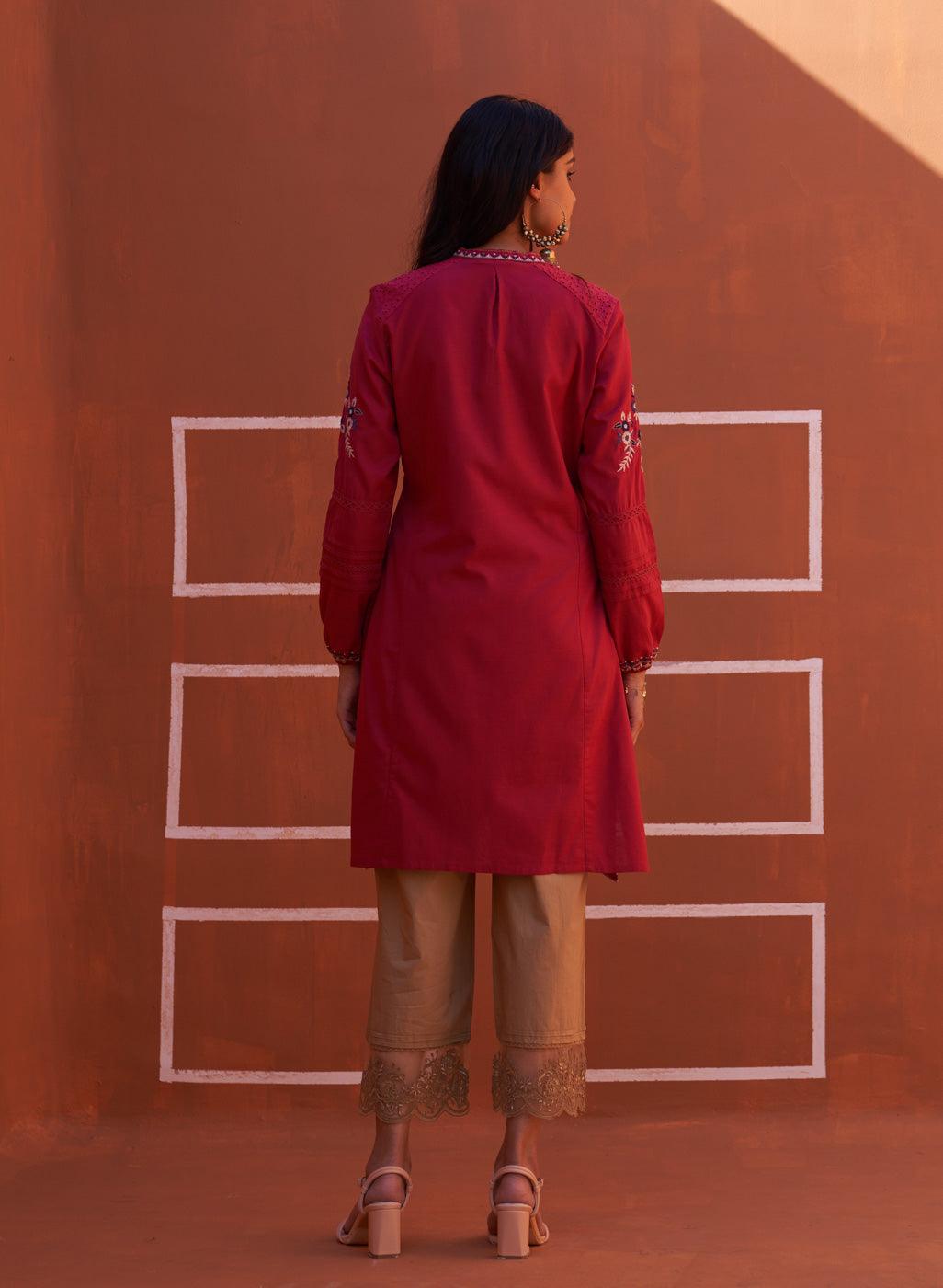 Pink Embroidered Kurta for Women with Puffed Sleeves - Lakshita