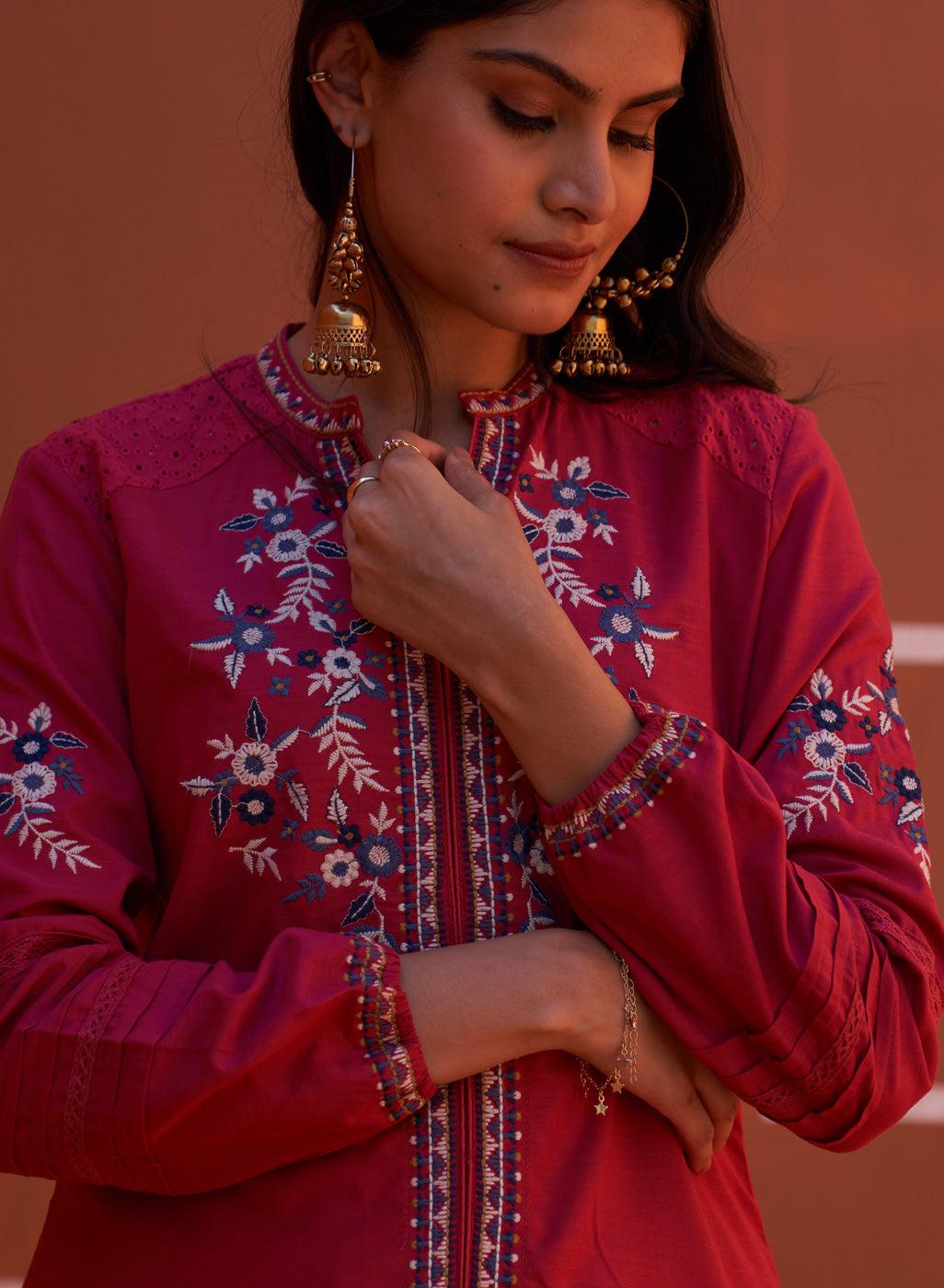 Pink Embroidered Kurta for Women with Puffed Sleeves - Lakshita