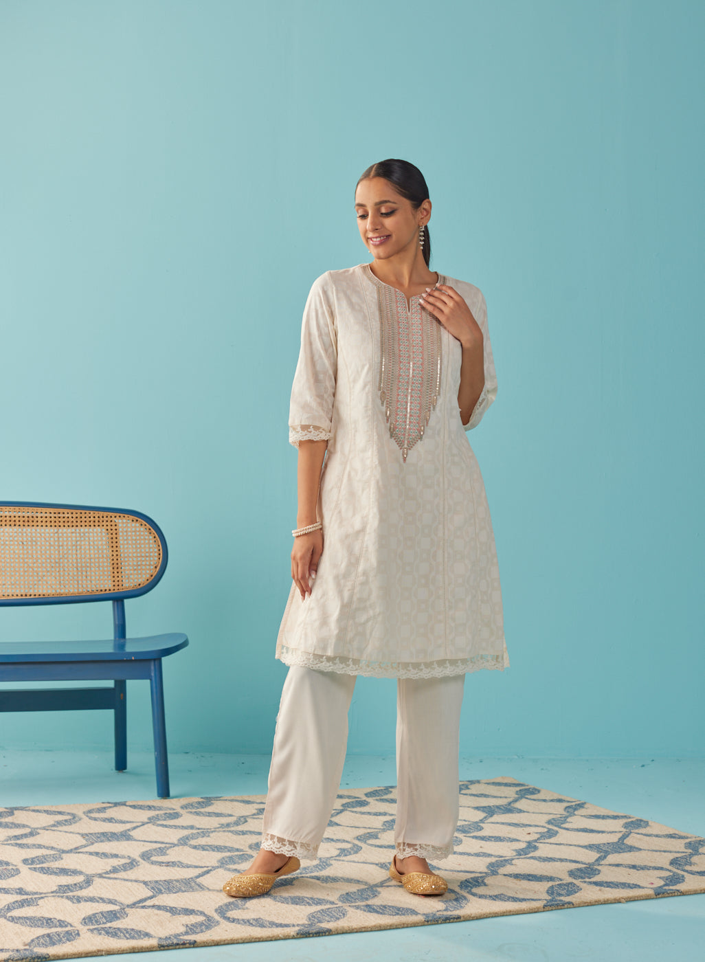 Ivory Textured Kurta set with Multicolor Embroidery