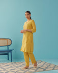 Mustard Textured Kurta set with Multicolor Embroidery - Lakshita
