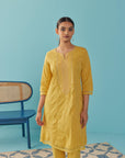 Mustard Textured Kurta set with Multicolor Embroidery - Lakshita