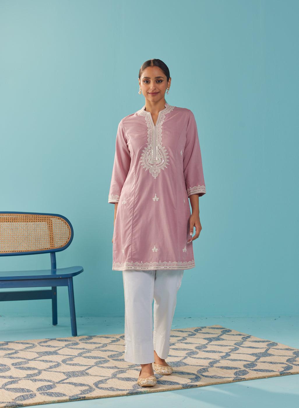 Pink V-Neck Kurti with Dori Embroidery &amp; Sequins Work - Lakshita