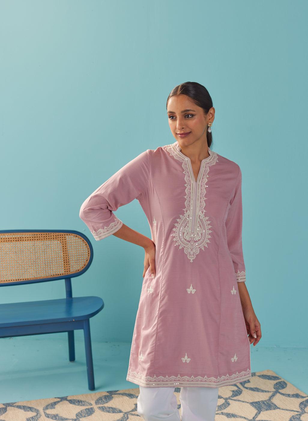 Pink V-Neck Kurti with Dori Embroidery &amp; Sequins Work - Lakshita