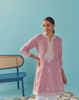 Pink V-Neck Kurti with Dori Embroidery & Sequins Work - Lakshita