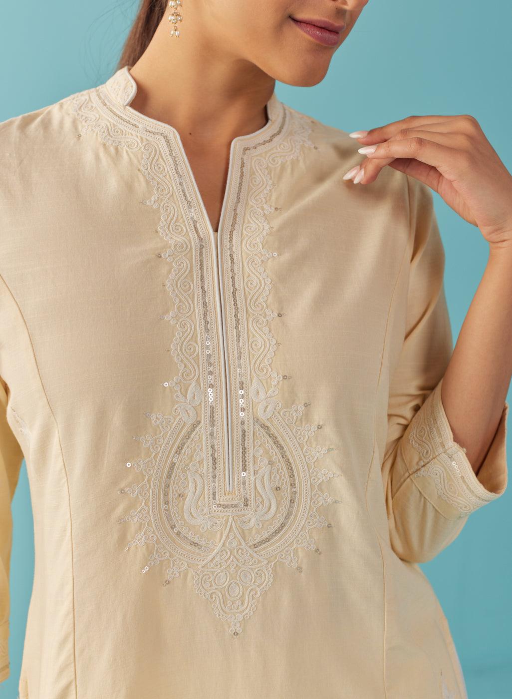 Beautiful detailing with embroidery and golden stitch line and dori-latkan.  | Simple pakistani dresses, Kurti designs, Clothes for women