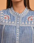 Blue Embroidered Slub Tunic - Lakshita