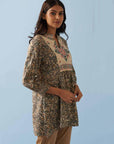 Grey Multi Color Printed Short Tunic with Yoke Embroidery - Lakshita