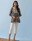 Navy Blue Multi Color Printed Short Tunic with Yoke Embroidery - Lakshita