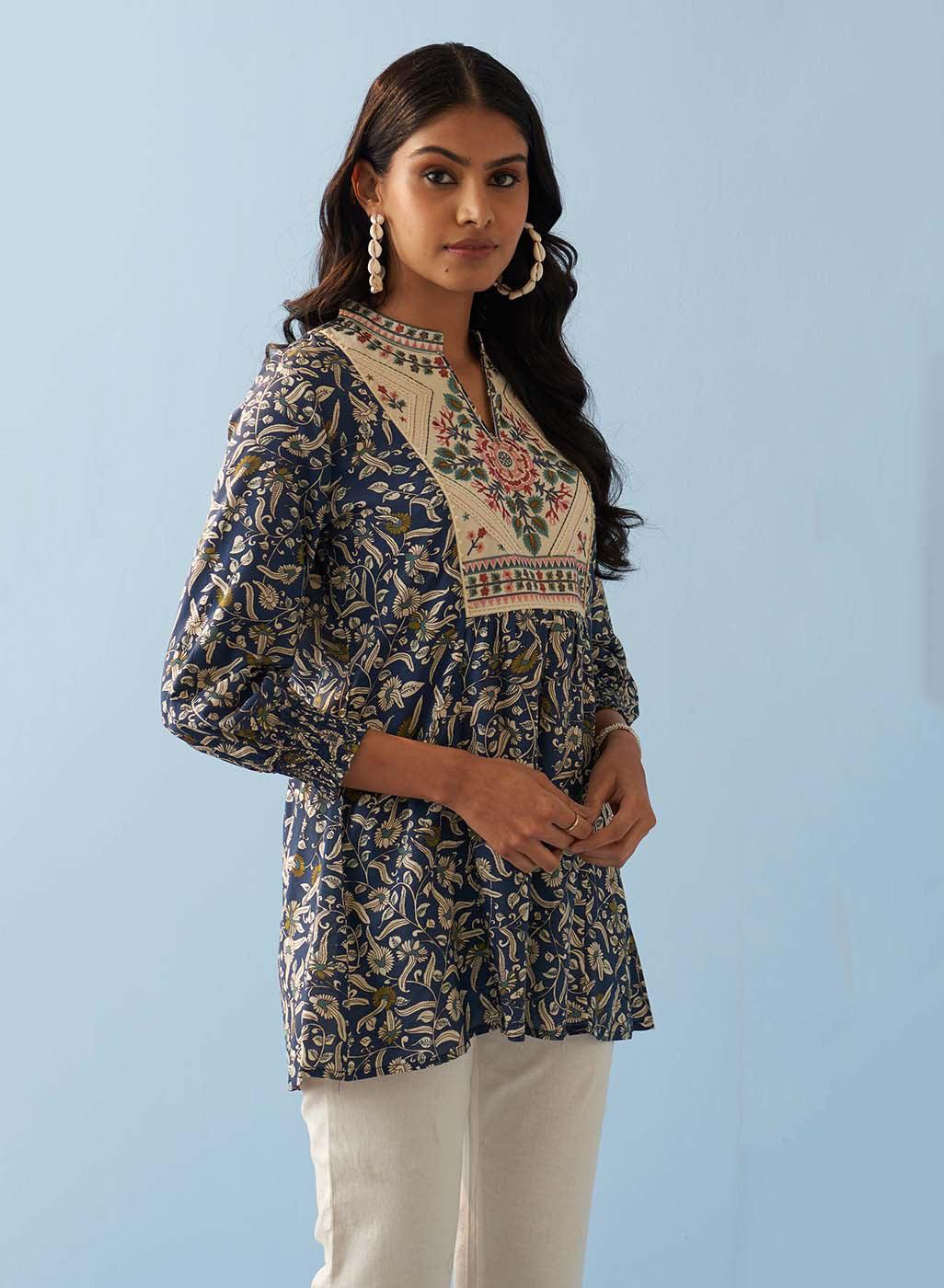 Navy Blue Multi Color Printed Short Tunic with Yoke Embroidery ...