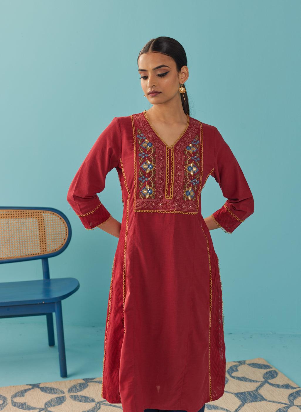 Red Lace Work Kurta with Multi Color Embroidery - Lakshita