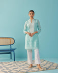 Spa Blue Knee Length Kurti with Embroidered Sleeve - Lakshita