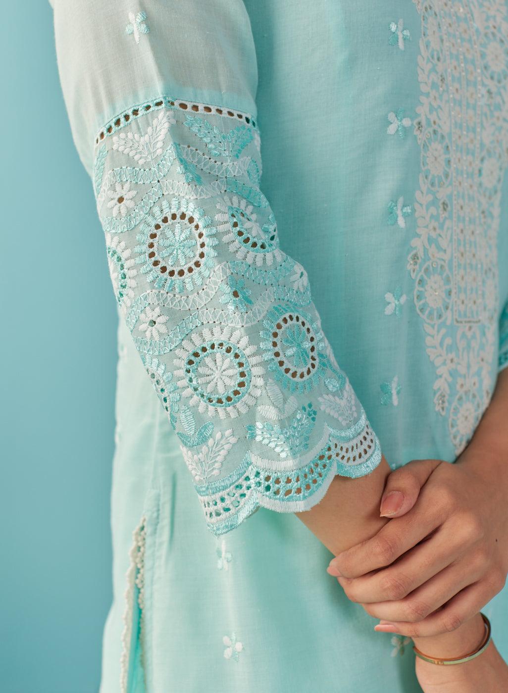 Spa Blue Knee Length Kurti with Embroidered Sleeve - Lakshita