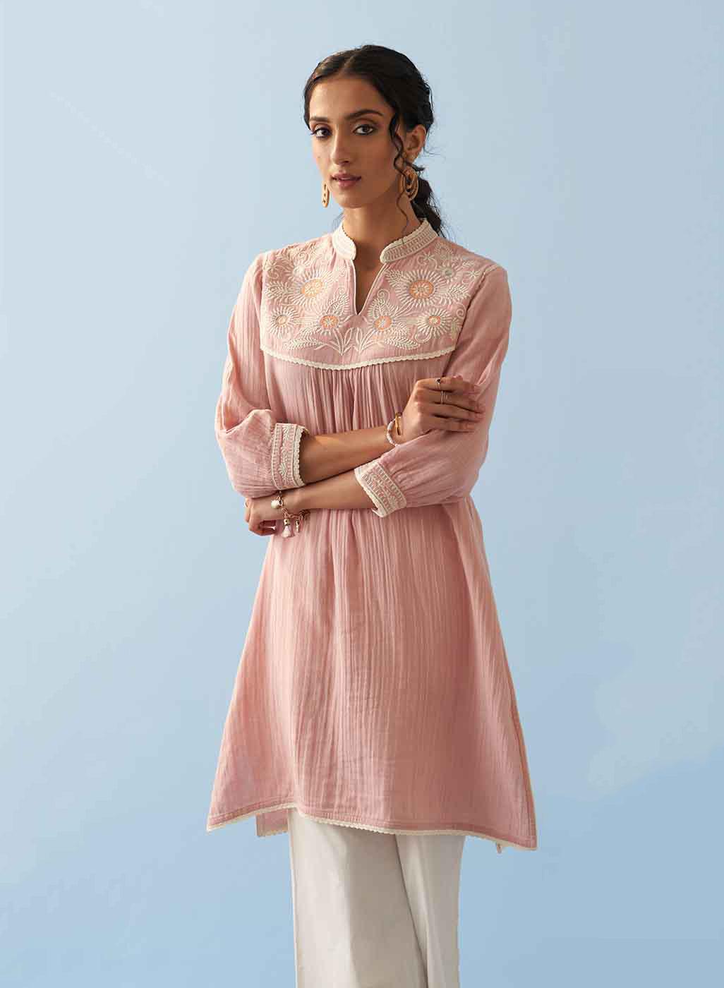 Pink Embroidered Thigh Length Crinkled Kurti - Lakshita