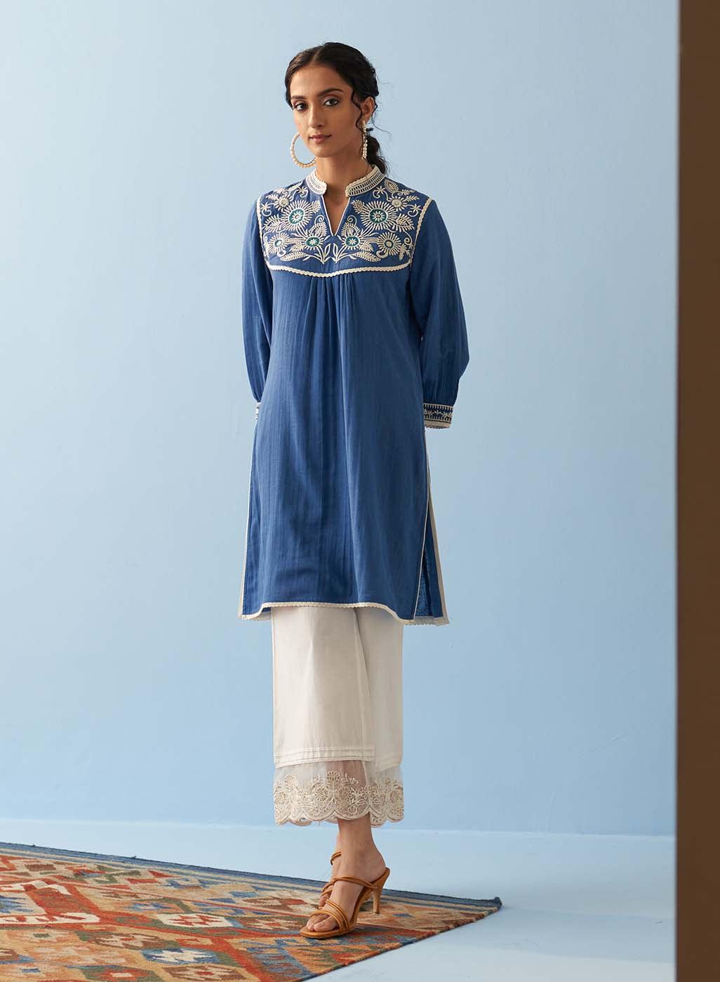 Blue Embroidered Thigh Length Crinkled Kurti - Lakshita