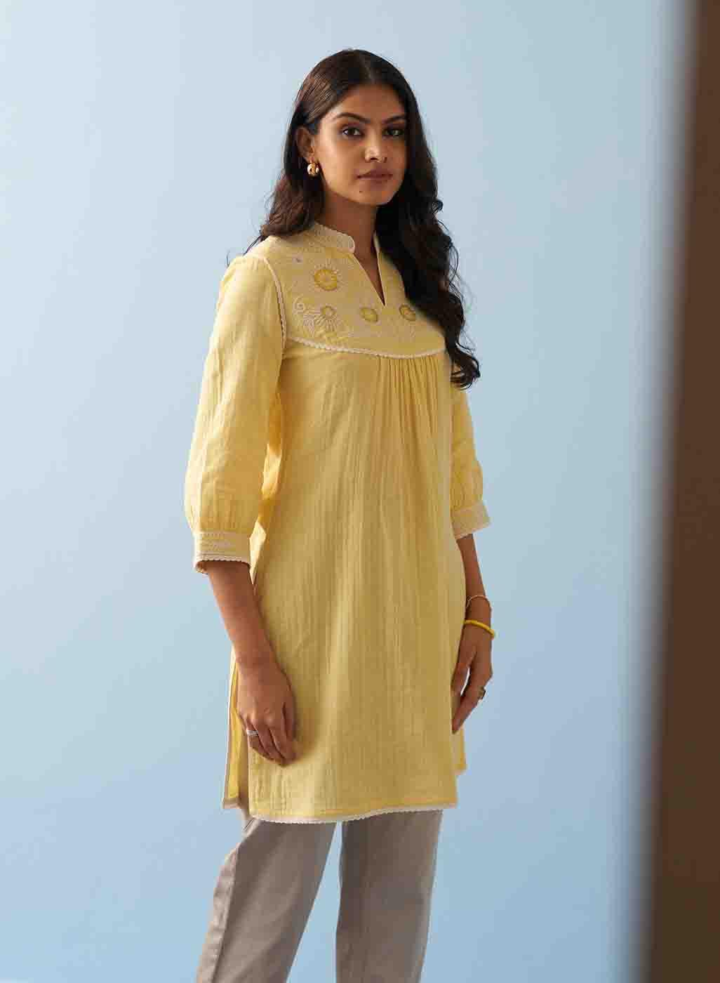 Yellow Embroidered Thigh Length Crinkled Kurti - Lakshita