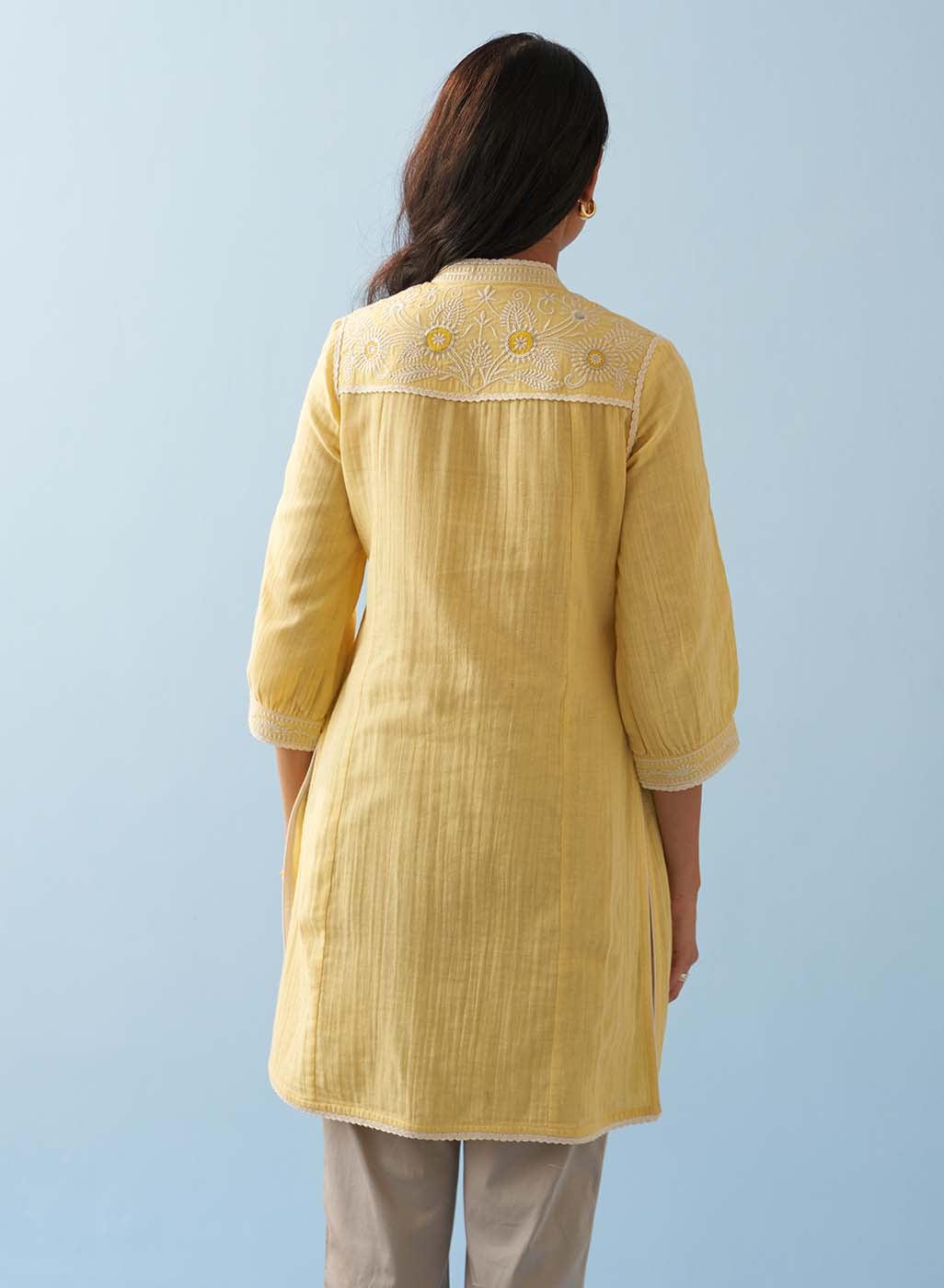 Yellow Embroidered Thigh Length Crinkled Kurti - Lakshita