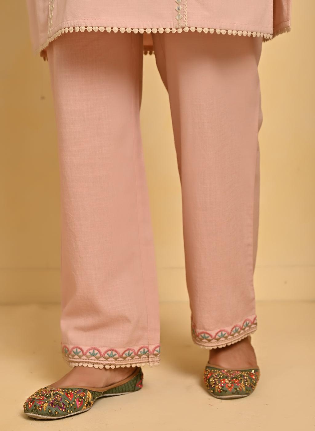 Nude Pink Schiffili Embroidered Cotton Co-ord Set with 3/4th Sleeves - Lakshita