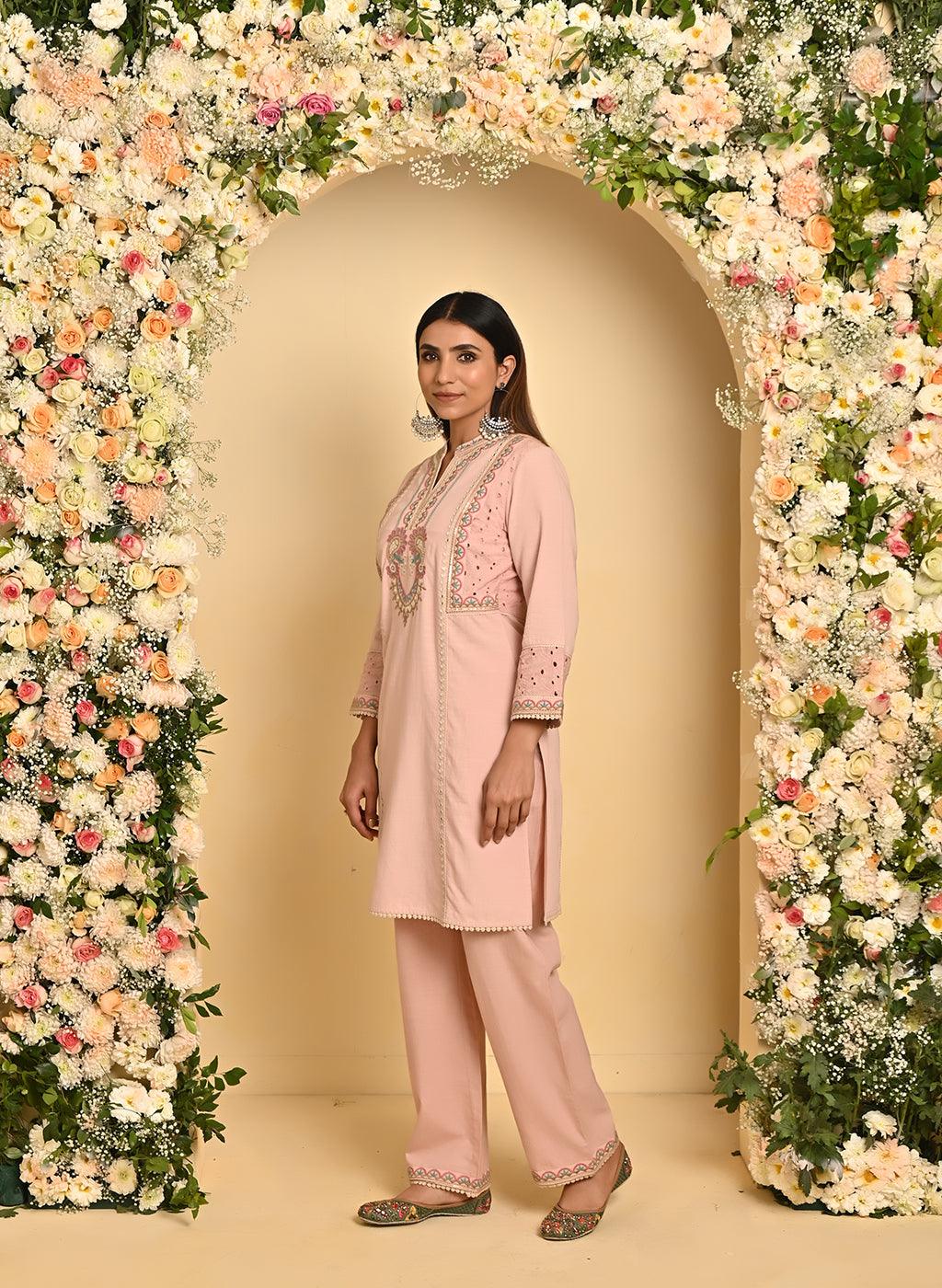 Nude Pink Schiffili Embroidered Cotton Co-ord Set with 3/4th Sleeves - Lakshita