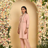 Nude Pink Schiffili Embroidered Cotton Co-ord Set with 3/4th Sleeves - Lakshita