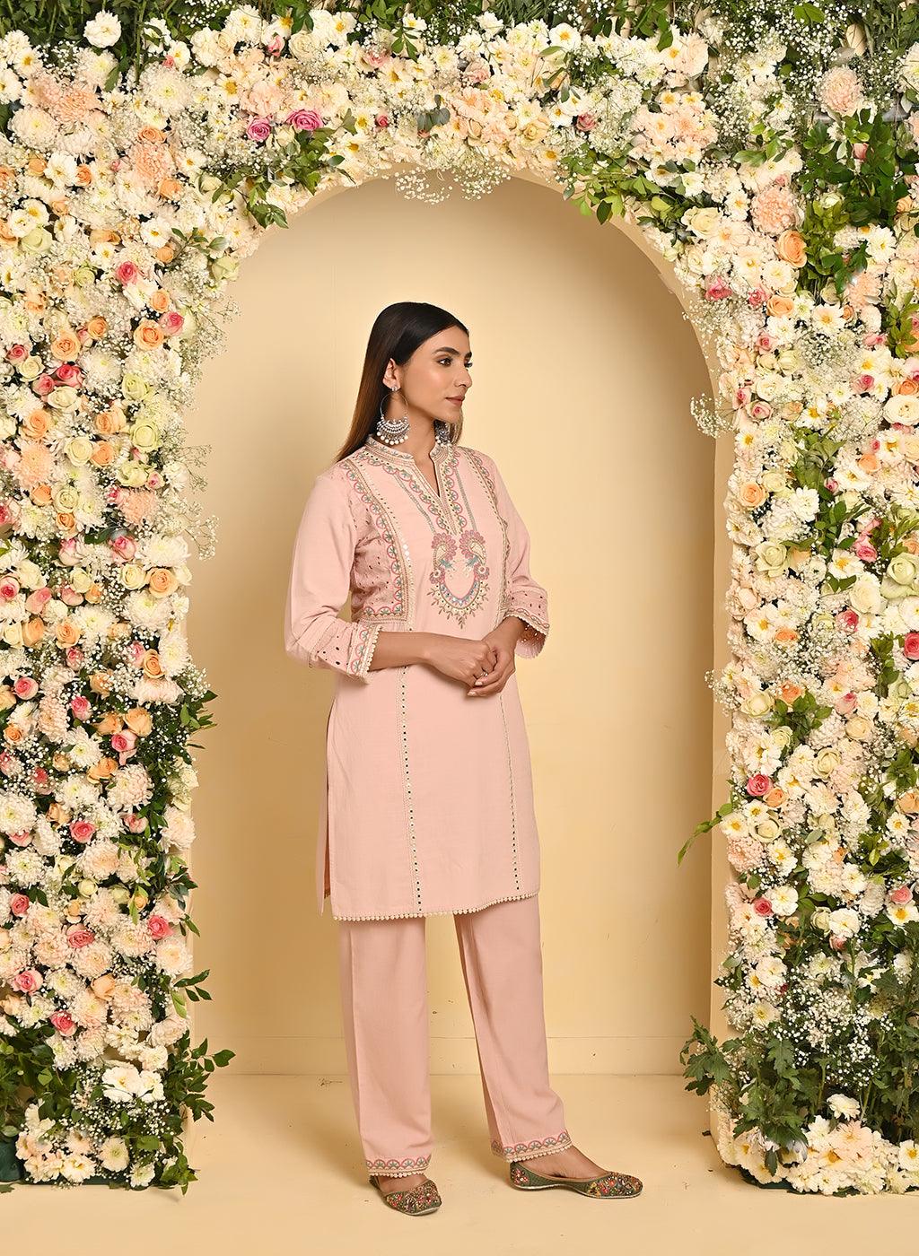 Nude Pink Schiffili Embroidered Cotton Co-ord Set with 3/4th Sleeves - Lakshita