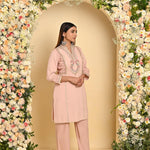Nude Pink Schiffili Embroidered Cotton Co-ord Set with 3/4th Sleeves - Lakshita