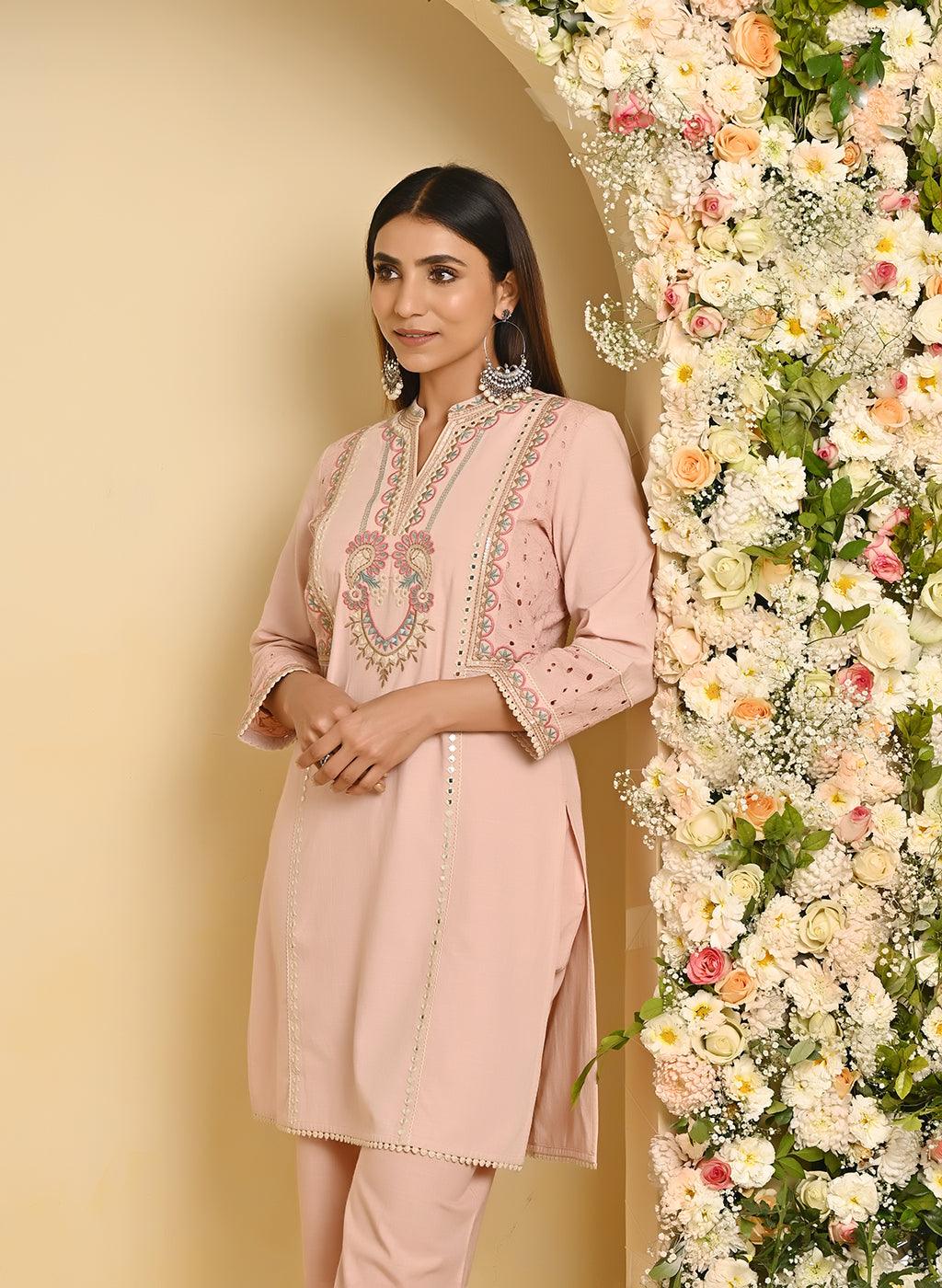 Nude Pink Schiffili Embroidered Cotton Co-ord Set with 3/4th Sleeves - Lakshita
