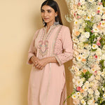 Nude Pink Schiffili Embroidered Cotton Co-ord Set with 3/4th Sleeves - Lakshita