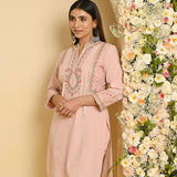 Nude Pink Schiffili Embroidered Cotton Co-ord Set with 3/4th Sleeves - Lakshita